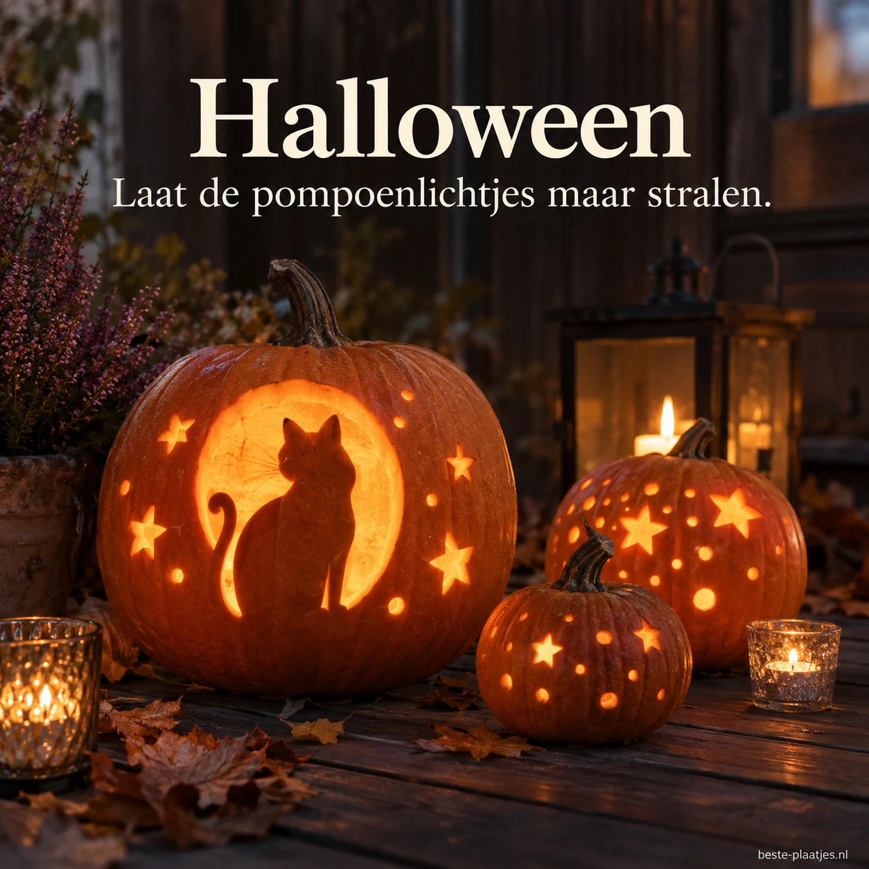 Pompoenen met verschillende uitgesneden patronen verlichten de Halloweenavond. Pompoenen met verschillende uitgesneden patronen verlichten de Halloweenavond.