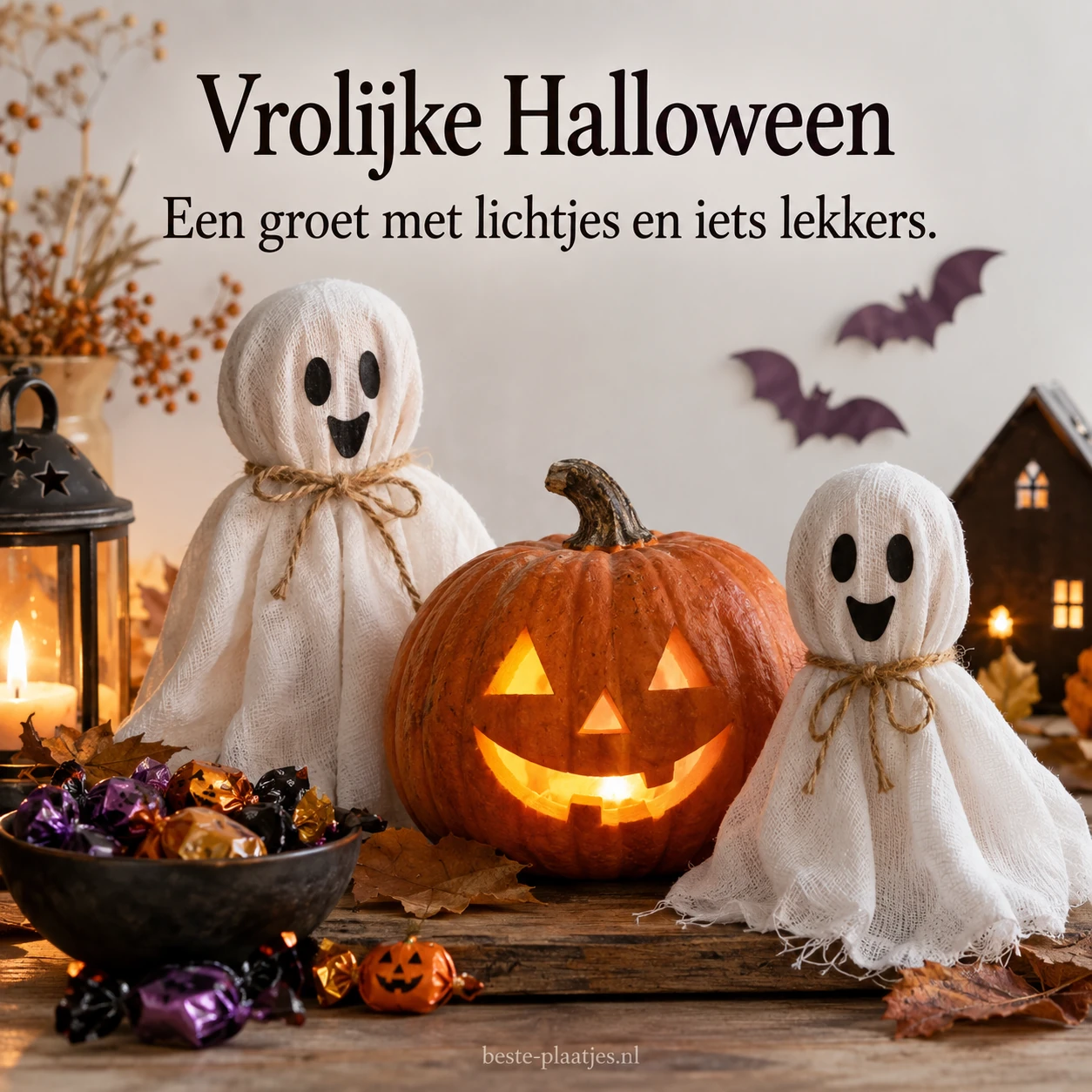 Spookdecoraties, een pompoen en snoepjes brengen een vrolijke Halloweengroet. Spookdecoraties, een pompoen en snoepjes brengen een vrolijke Halloweengroet.
