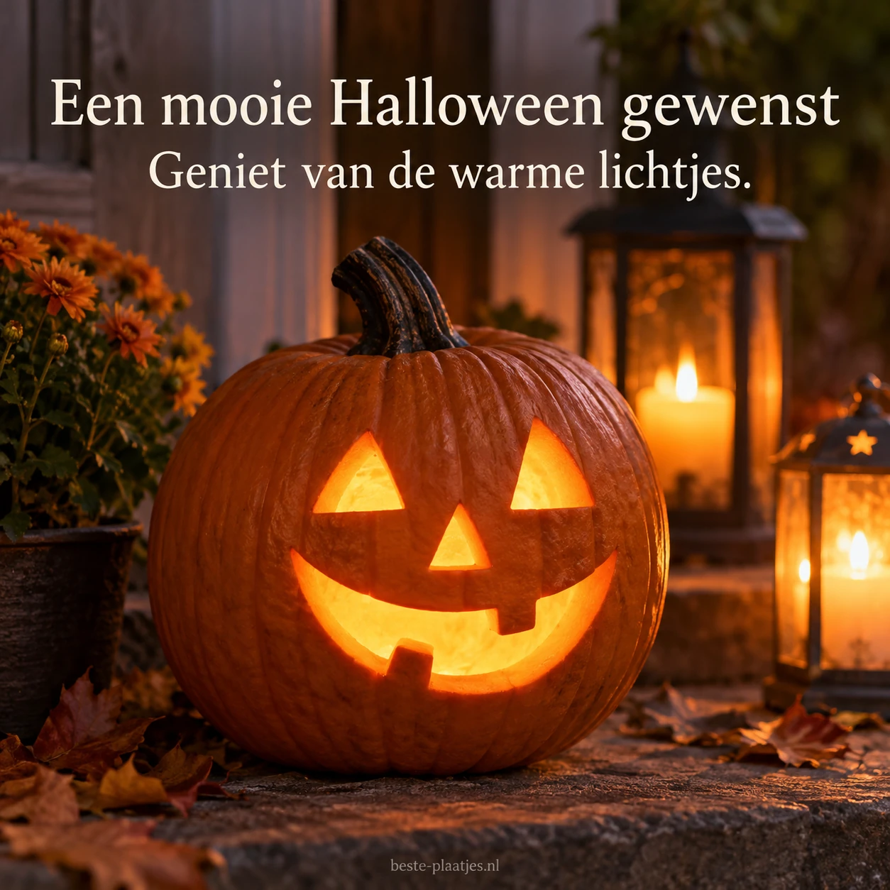 Een vriendelijk verlichte pompoen wenst je een gezellige Halloween. Een vriendelijk verlichte pompoen wenst je een gezellige Halloween.