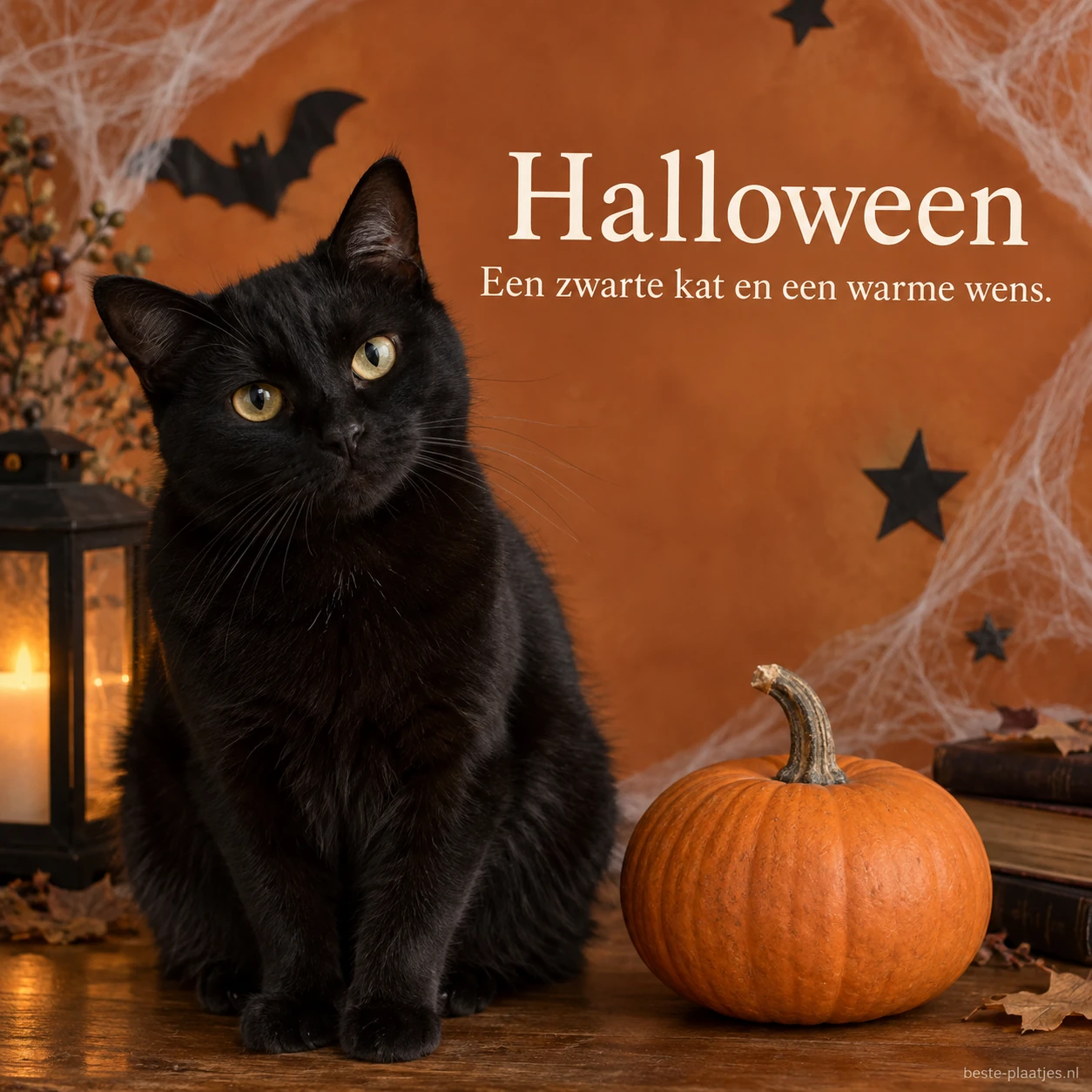 Een zwarte kat naast een pompoen brengt een rustige Halloweengroet. Een zwarte kat naast een pompoen brengt een rustige Halloweengroet.