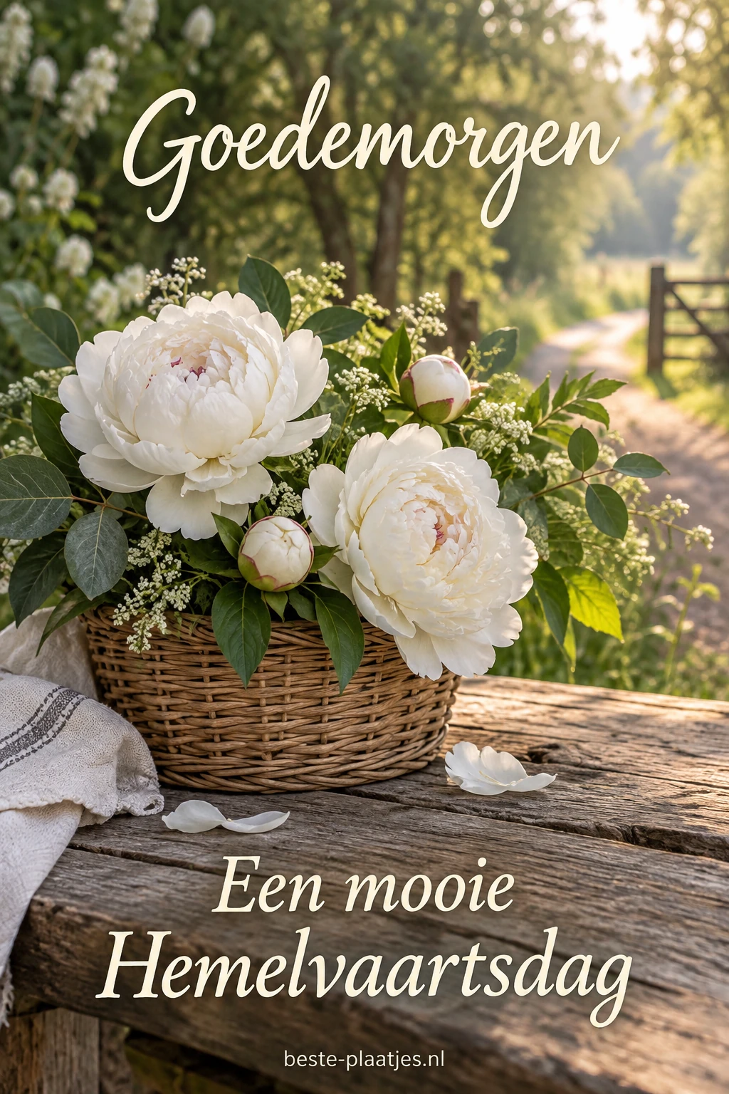 Witte pioenrozen staan in een rieten mand op een houten tafel langs een tuinpad.