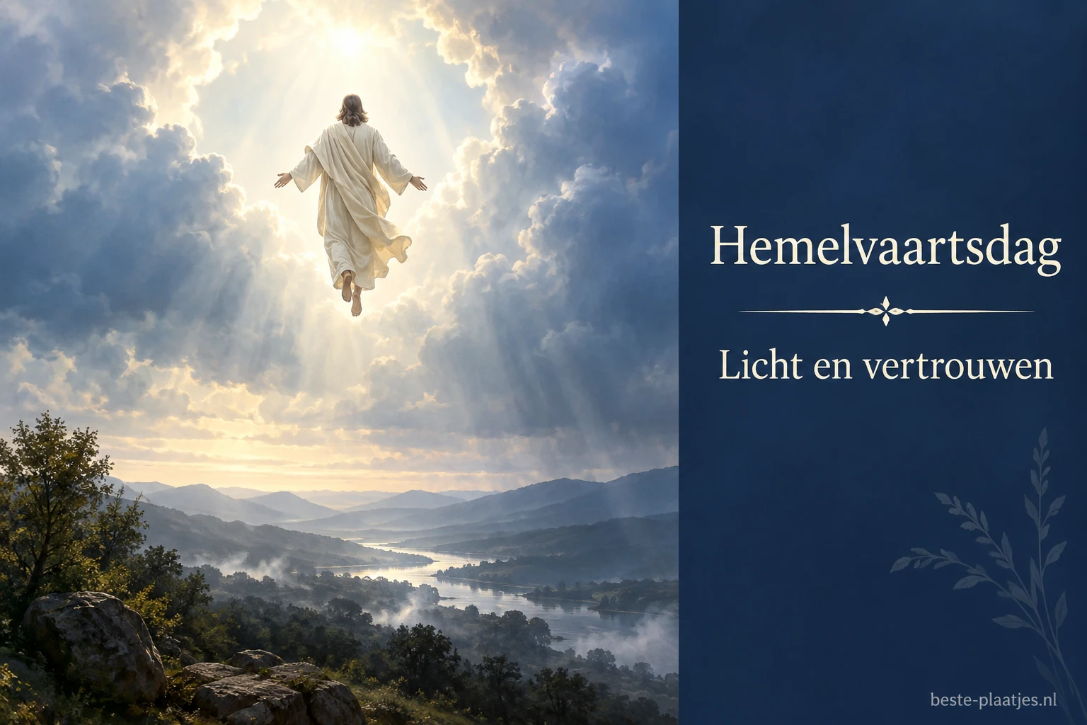 Een figuur in een lichte mantel stijgt tussen wolken boven een stil berglandschap. Een figuur in een lichte mantel stijgt tussen wolken boven een stil berglandschap.