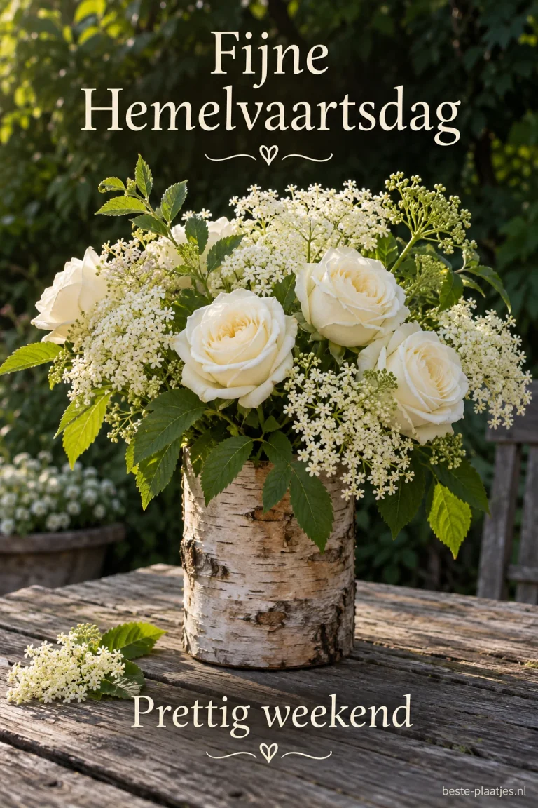 Witte rozen en vlierbloesem staan in een vaas van berkenbast op een buitentafel.