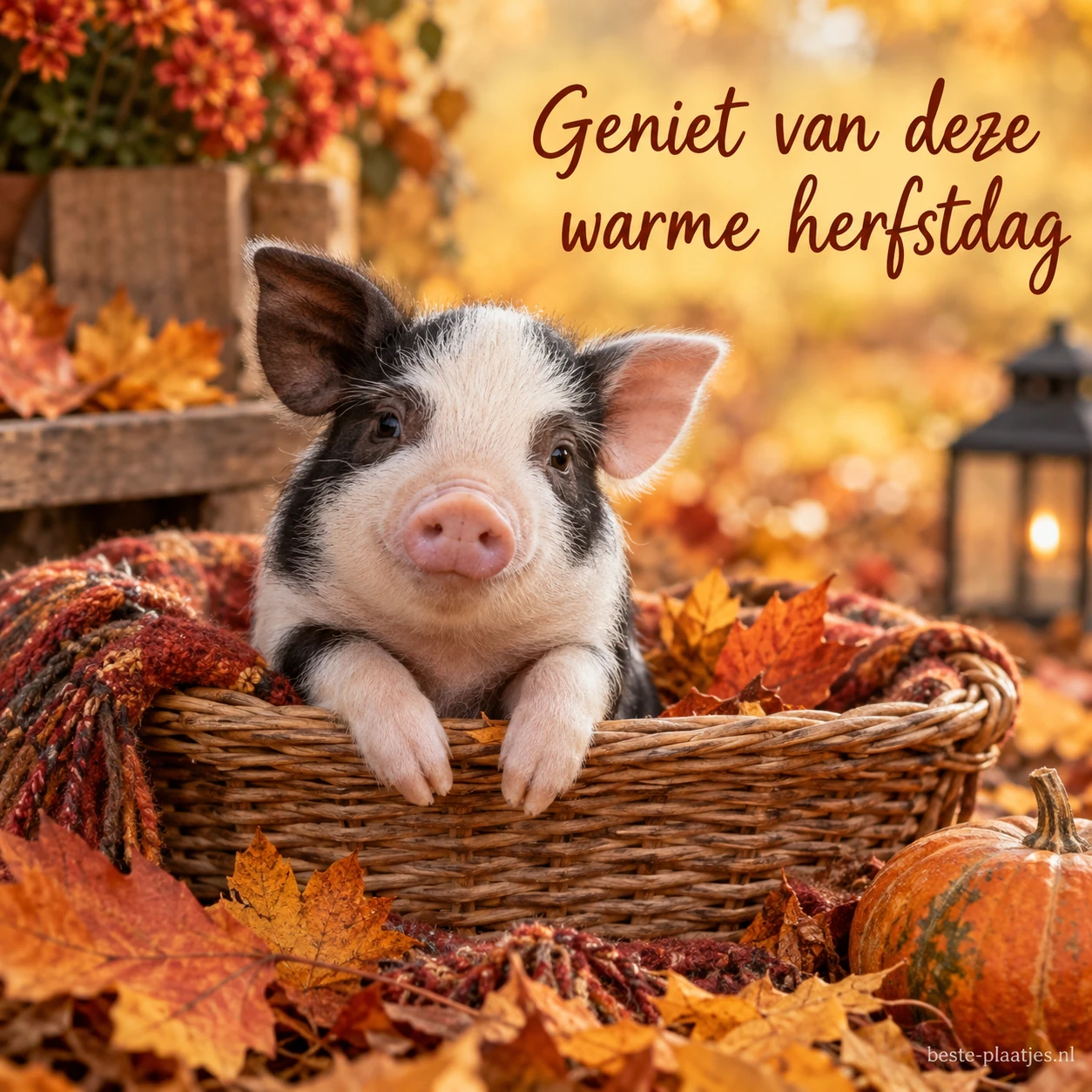 Een klein gevlekt biggetje zit in een rieten mand tussen herfstbladeren. Een klein gevlekt biggetje zit in een rieten mand tussen herfstbladeren.