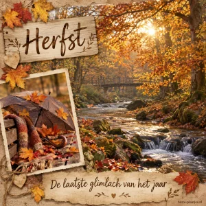 Een bosbeek stroomt onder een brug door terwijl de herfstzon de bomen verlicht.