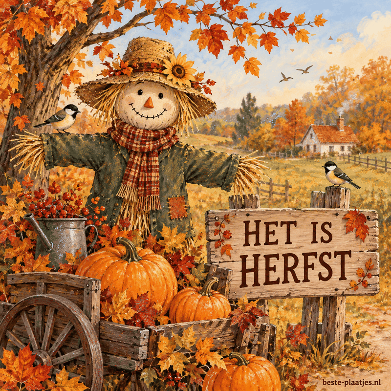 Een vogelverschrikker staat bij een wagen met pompoenen en een houten herfstbord. Een vogelverschrikker staat bij een wagen met pompoenen en een houten herfstbord.
