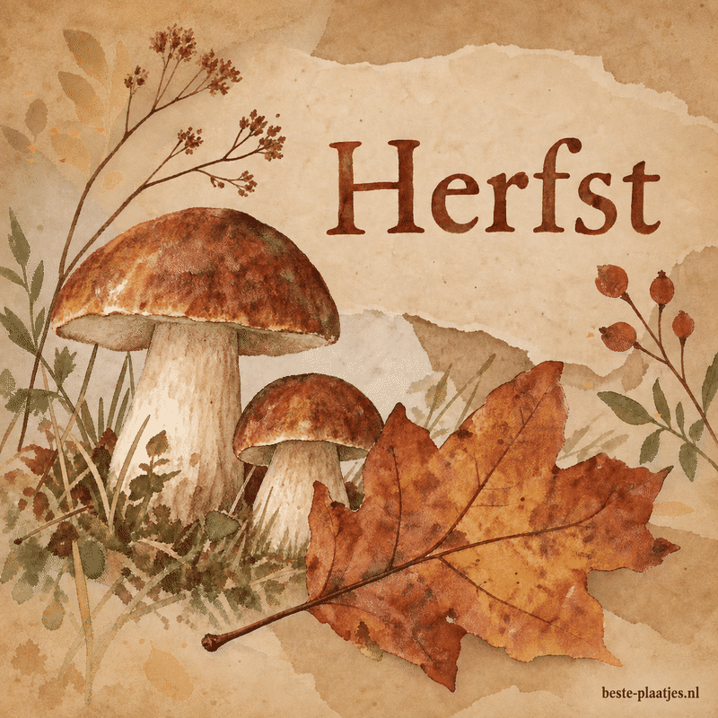 Een waterverfkaart toont twee paddenstoelen en een groot gevallen blad op warm papier. Een waterverfkaart toont twee paddenstoelen en een groot gevallen blad op warm papier.