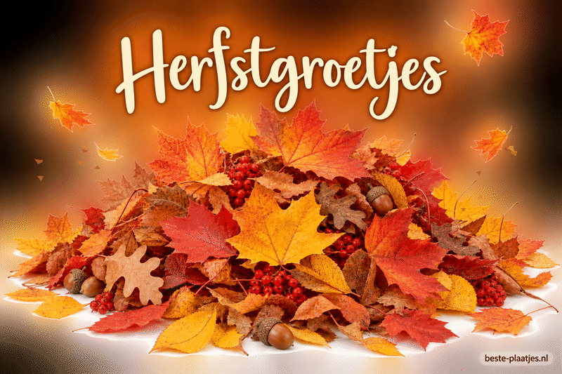 Een hoop kleurrijke bladeren, bessen en eikels vormt een warme herfstgroet. Een hoop kleurrijke bladeren, bessen en eikels vormt een warme herfstgroet.