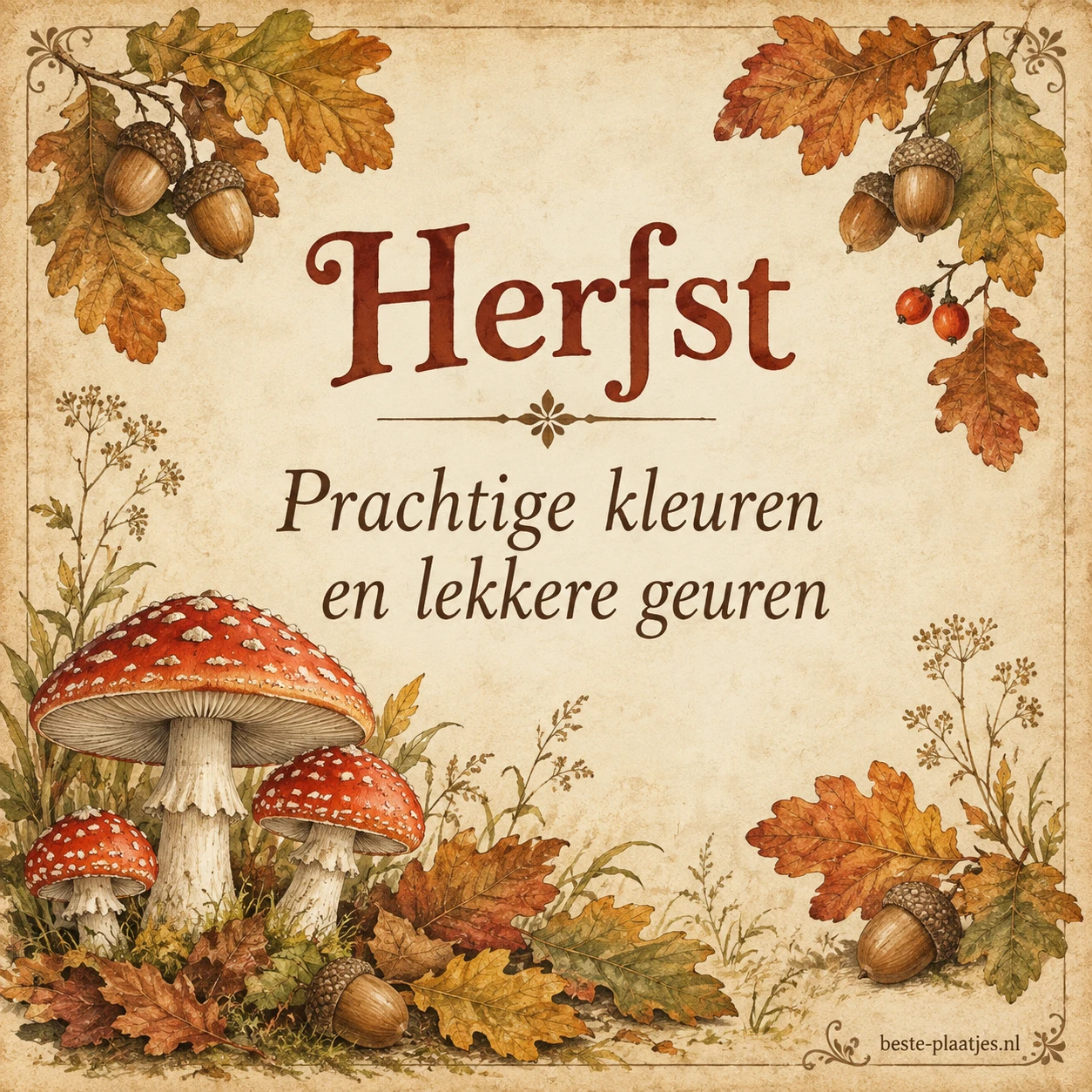 Een klassieke waterverfkaart toont paddenstoelen, eikels en herfstbladeren. Een klassieke waterverfkaart toont paddenstoelen, eikels en herfstbladeren.