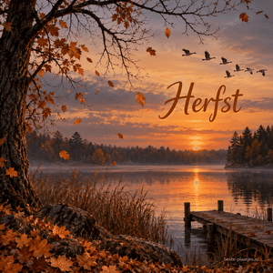 Ganzen vliegen boven een stil meer bij een oranje herfstzonsondergang.