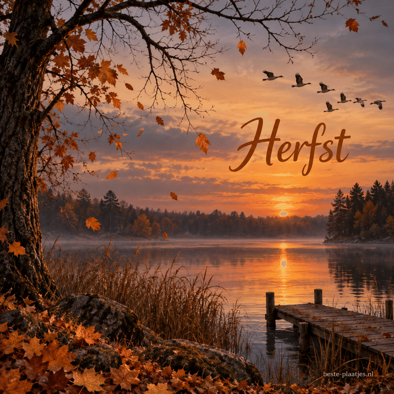 Ganzen vliegen boven een stil meer bij een oranje herfstzonsondergang. Ganzen vliegen boven een stil meer bij een oranje herfstzonsondergang.