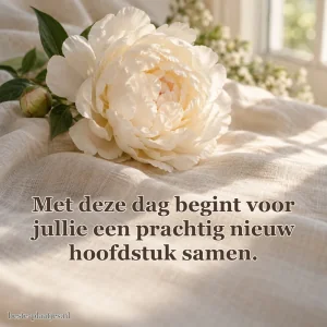 Een ivoorkleurige pioen ligt op zacht linnen in het ochtendlicht.