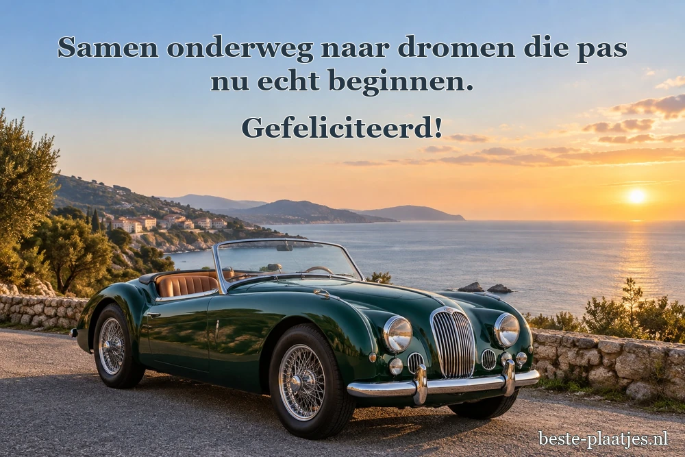 Een smaragdgroene klassieke cabriolet staat langs een stille kustweg.