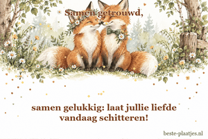 Twee aquarelvossen in trouwkleding zitten onder veldbloemen.