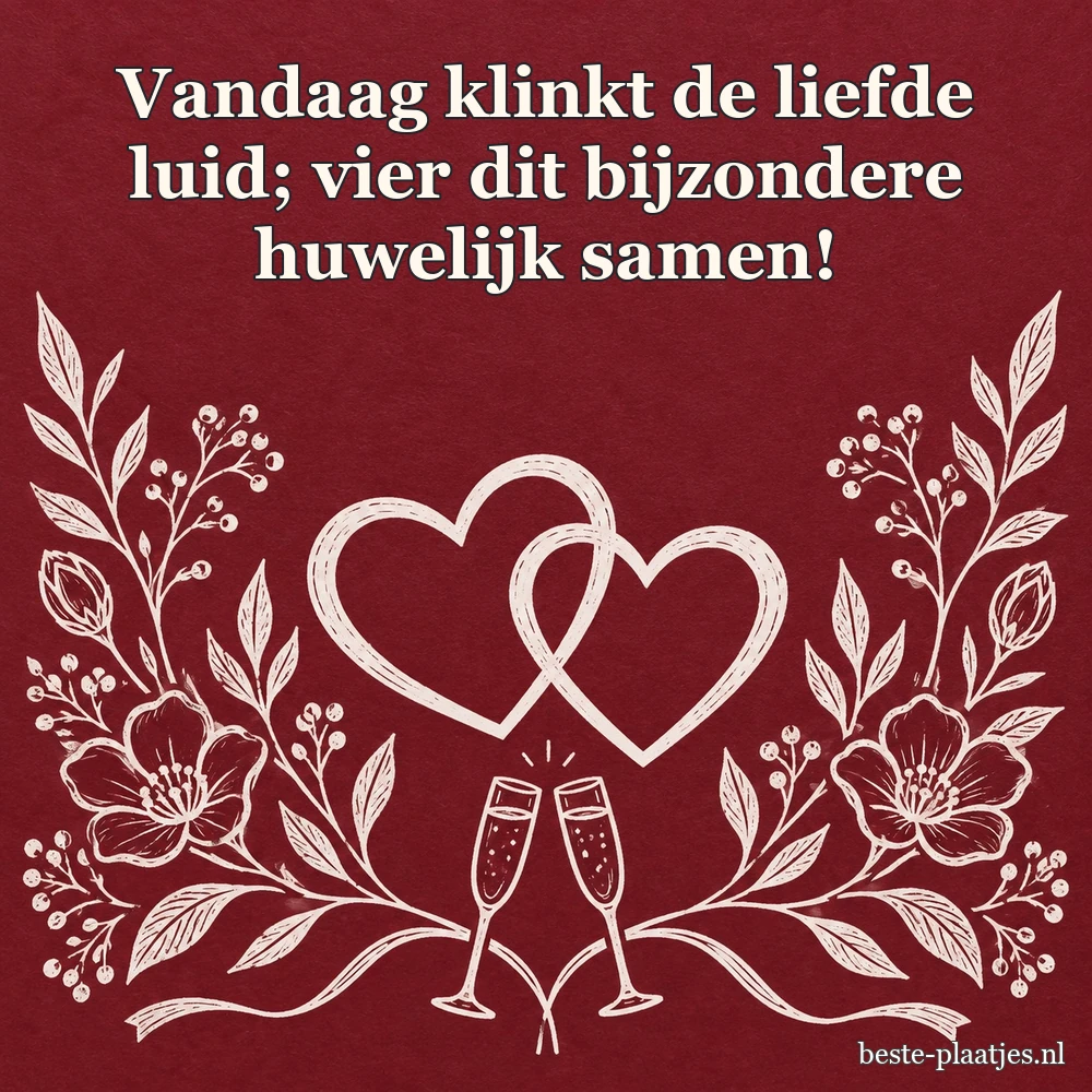 Bordeauxrood lijnwerk toont bloemen, harten en twee feestglazen.