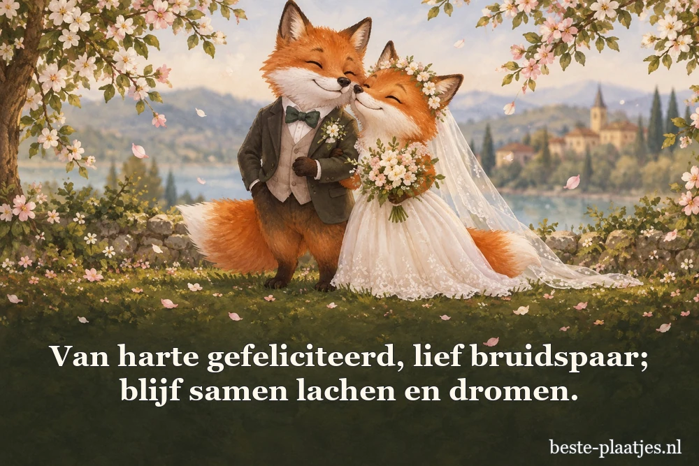 Twee trouwvossen poseren met een boeket onder bloeiende takken.