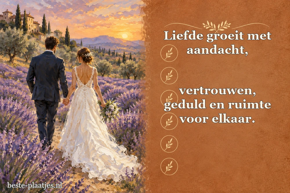 Een geschilderd bruidspaar loopt door lavendel naast een terracottakleurig tekstvlak.