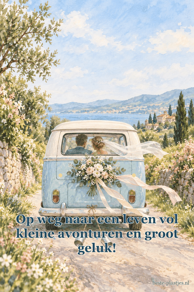 Een lichtblauw busje met bloemen en rammelende blikjes rijdt een landweg af.