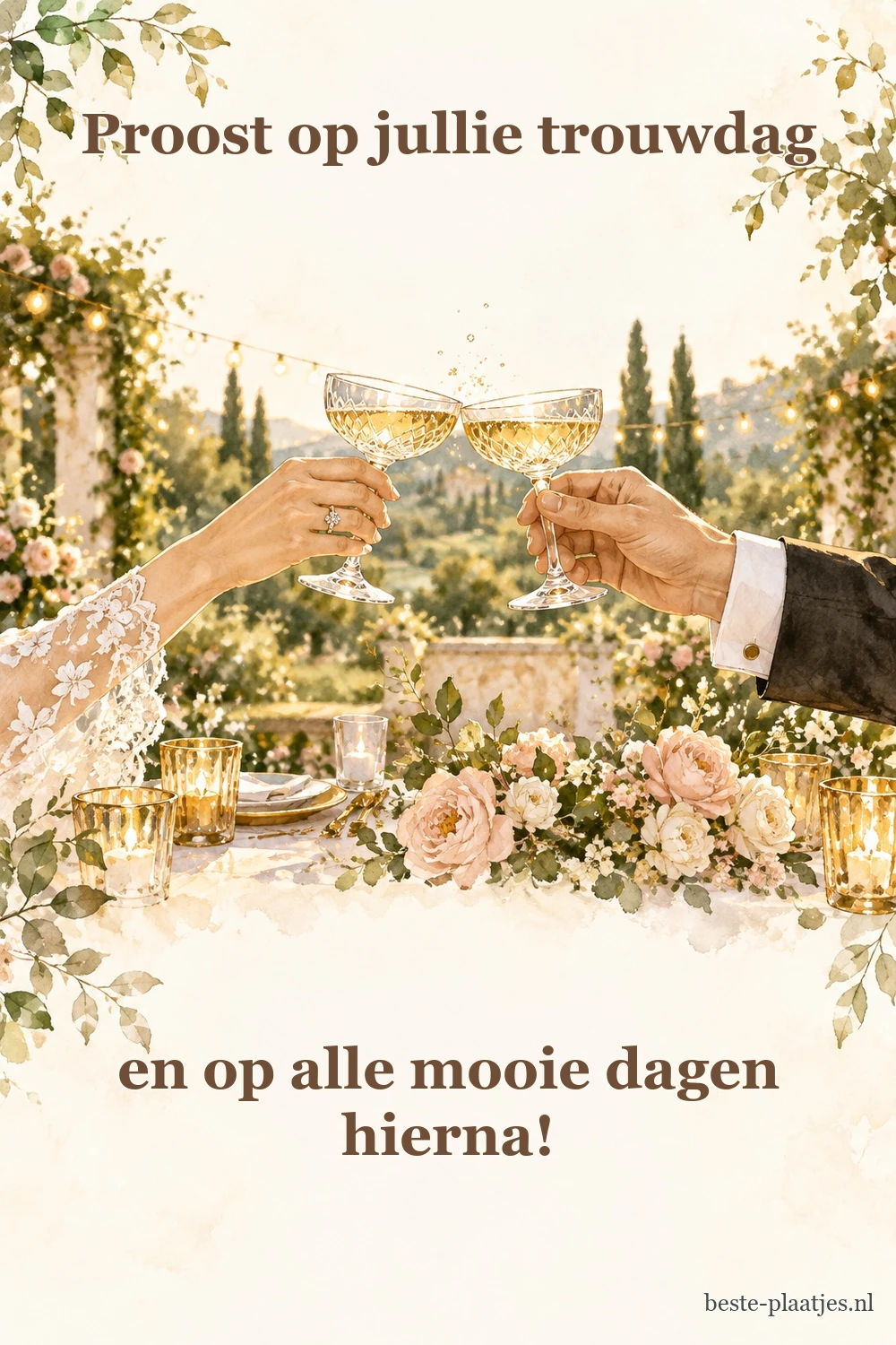 Twee coupeglazen klinken tussen tuinbloemen en zachte lichtslingers.
