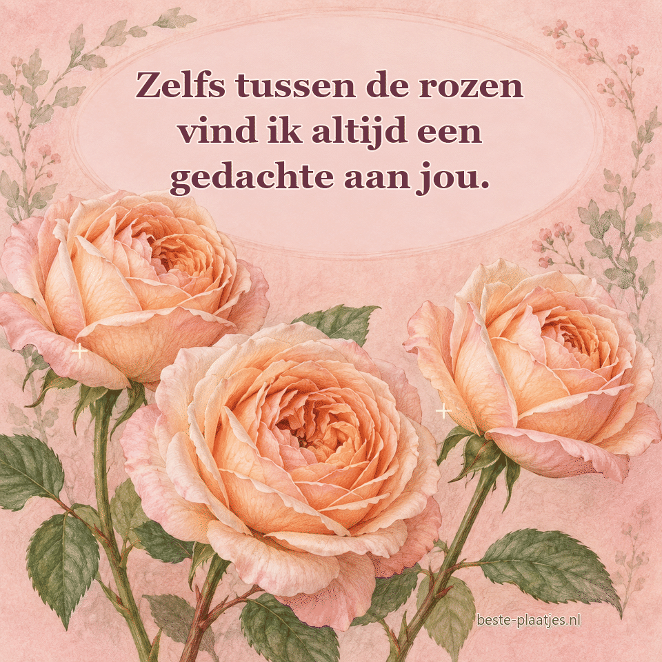 Drie abrikooskleurige rozen bloeien op een roze kaart met fonkelende lichtpuntjes.