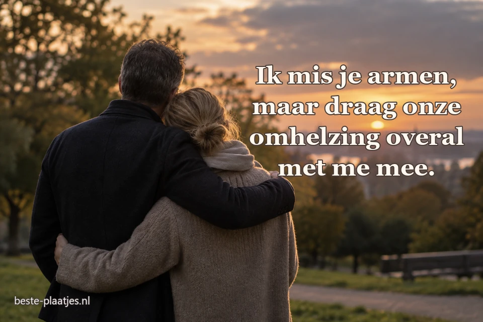 Twee mensen omhelzen elkaar tijdens een stille zonsondergang in het park.