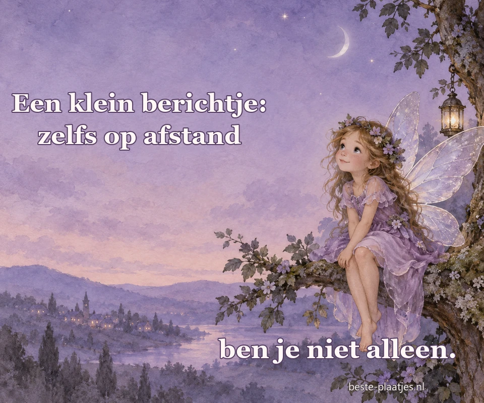 Een kleine gevleugelde figuur zit op een boomtak in een paarse schemerlucht.