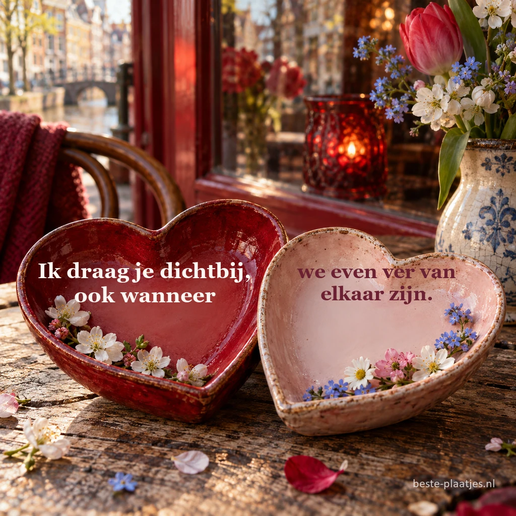 Twee keramische hartschaaltjes met voorjaarsbloemen staan op een cafétafel. Twee keramische hartschaaltjes met voorjaarsbloemen staan op een cafétafel.