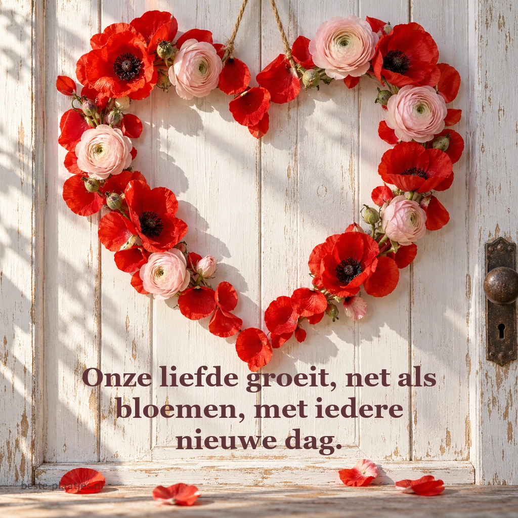 Een bloemenhart hangt aan een witgekalkte deur in zacht zonlicht. Een bloemenhart hangt aan een witgekalkte deur in zacht zonlicht.