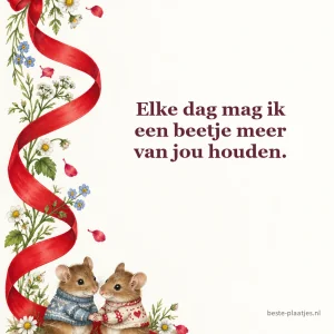Twee veldmuizen houden elkaars poot vast naast een krullend lint.