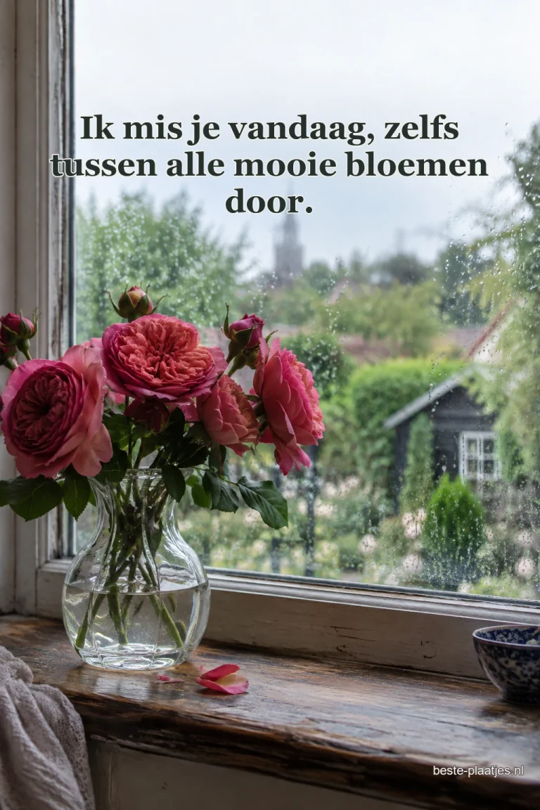 Een glazen vaas met rozerode rozen staat op een houten vensterbank voor een regenachtige tuin.