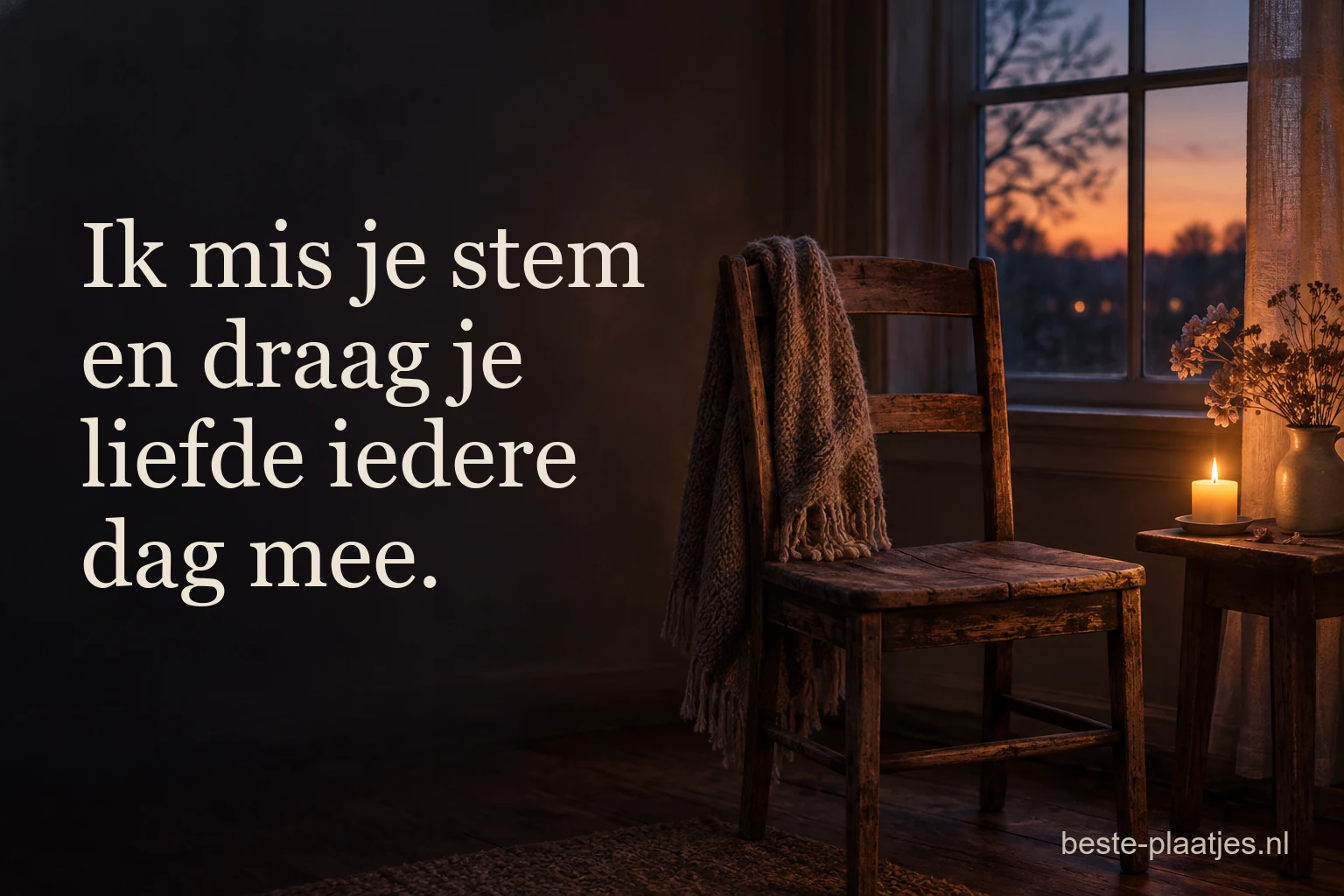 Een kaars brandt naast een lege houten stoel bij een avondraam. Een kaars brandt naast een lege houten stoel bij een avondraam.