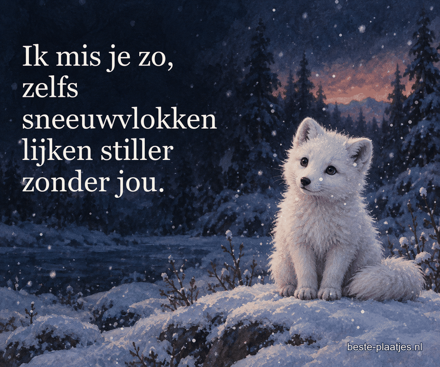 Een wit poolvosje zit in vallende sneeuw voor een donker bos. Een wit poolvosje zit in vallende sneeuw voor een donker bos.