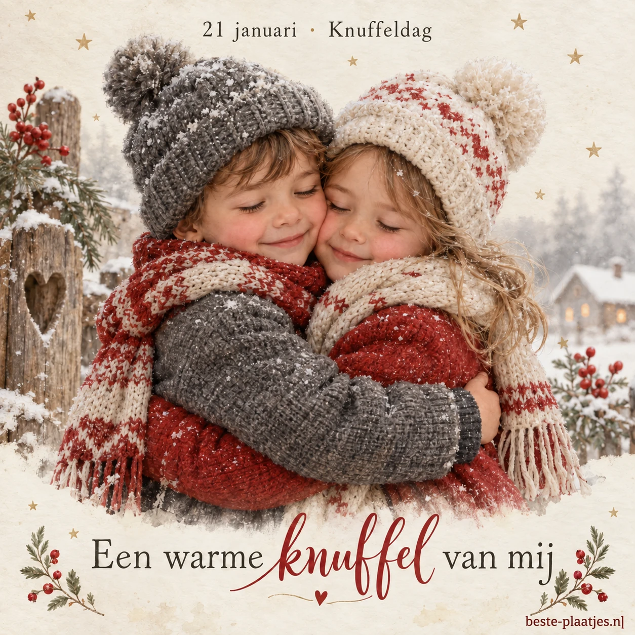 Twee kinderen in winterkleding omhelzen elkaar in zacht winterlicht. Twee kinderen in winterkleding omhelzen elkaar in zacht winterlicht.