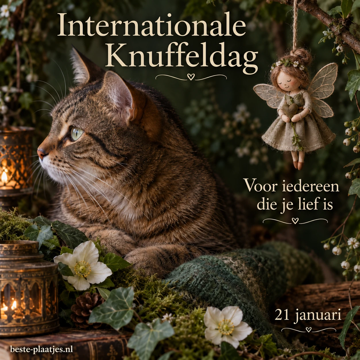 Een kat kijkt naar een klein stoffen elfje in een groen decor. Een kat kijkt naar een klein stoffen elfje in een groen decor.