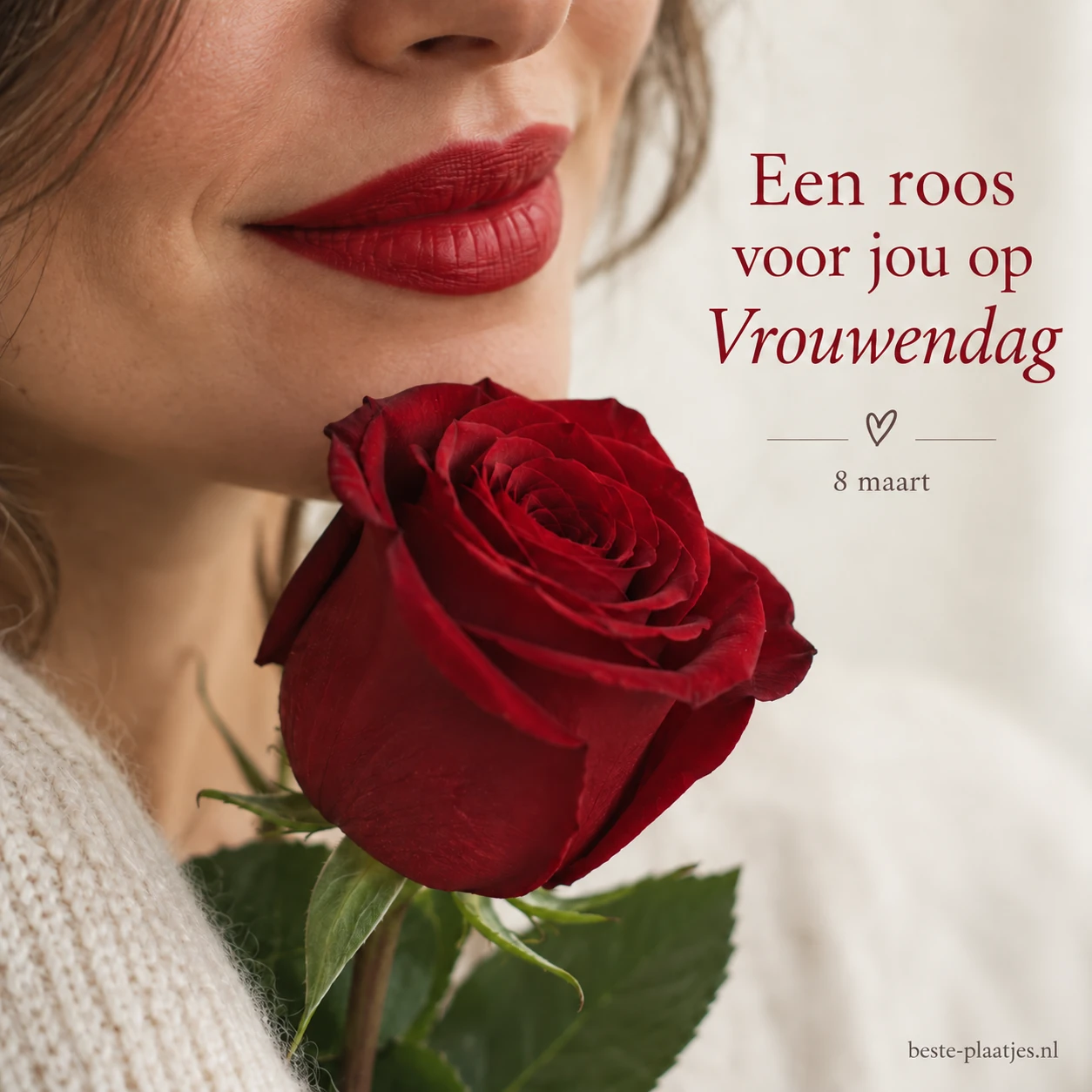 Een vrouw houdt een dieprode roos bij haar gezicht in zacht licht.