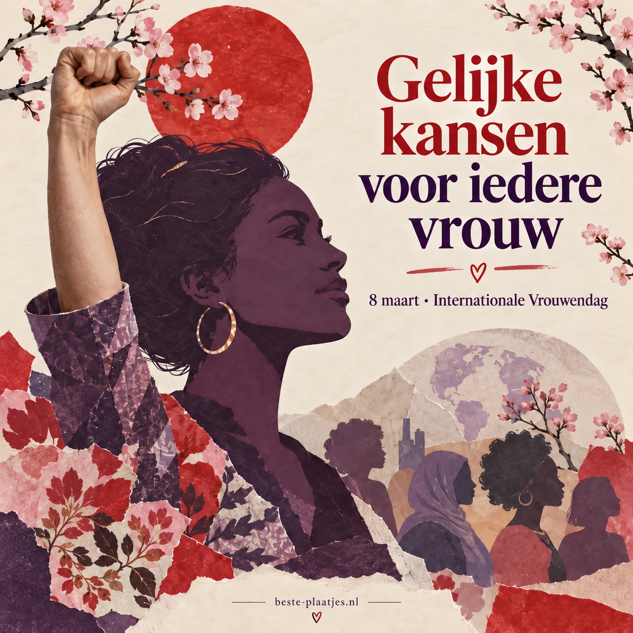 Een vrouwenprofiel met geheven arm staat tussen bloesemtakken en papieren vormen.