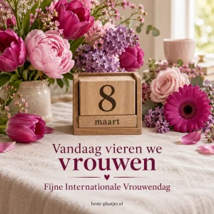 Een houten kalender met 8 maart staat tussen roze tulpen en lila bloemen.