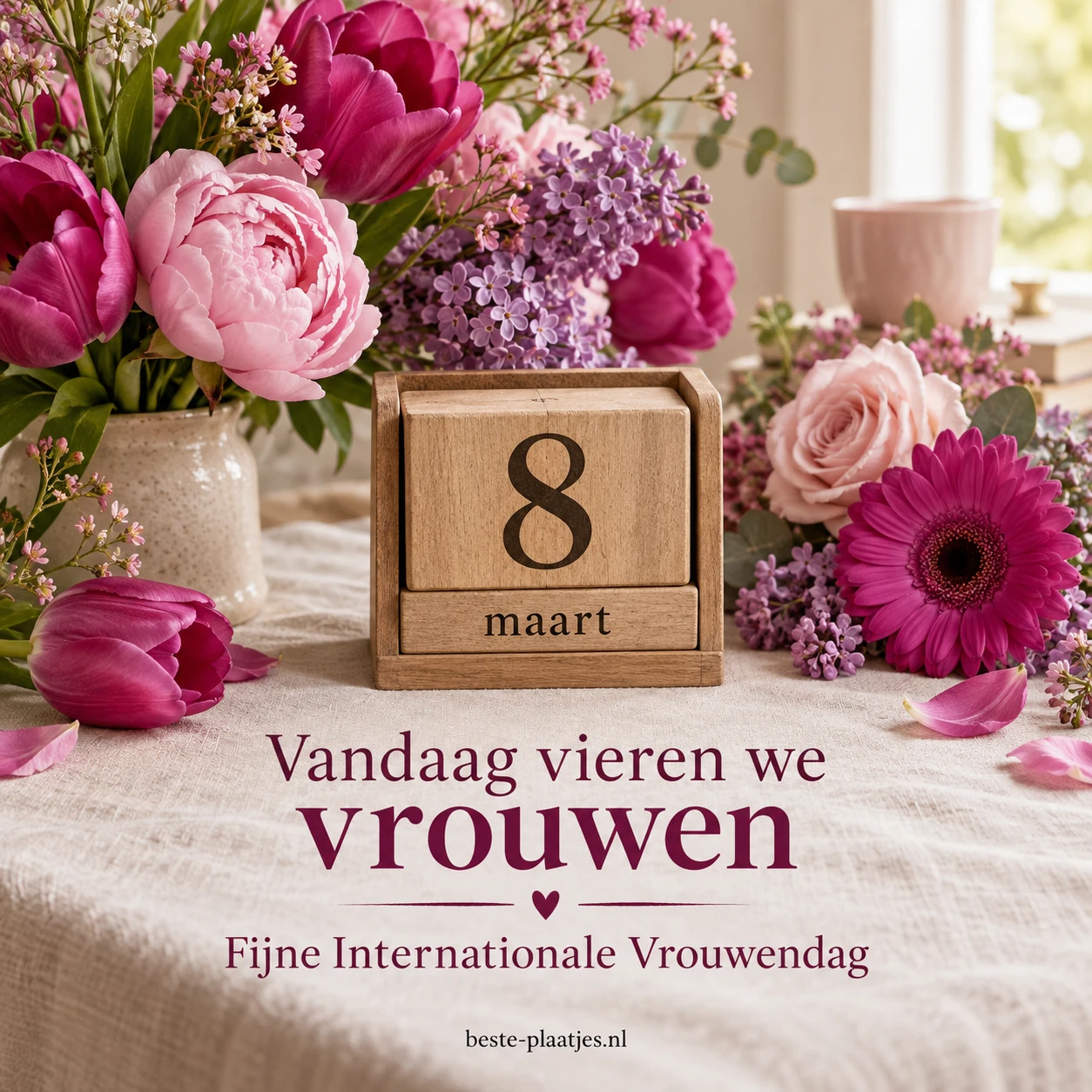 Een houten kalender met 8 maart staat tussen roze tulpen en lila bloemen.