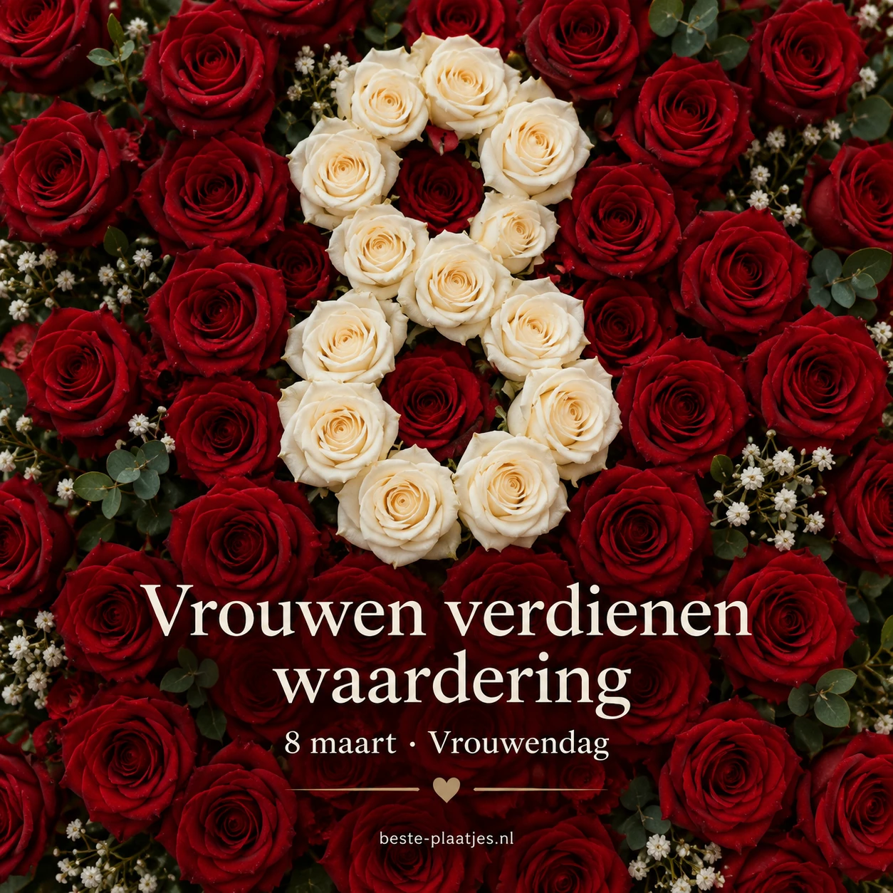 Witte rozen vormen een acht tussen een veld van dieprode rozen.