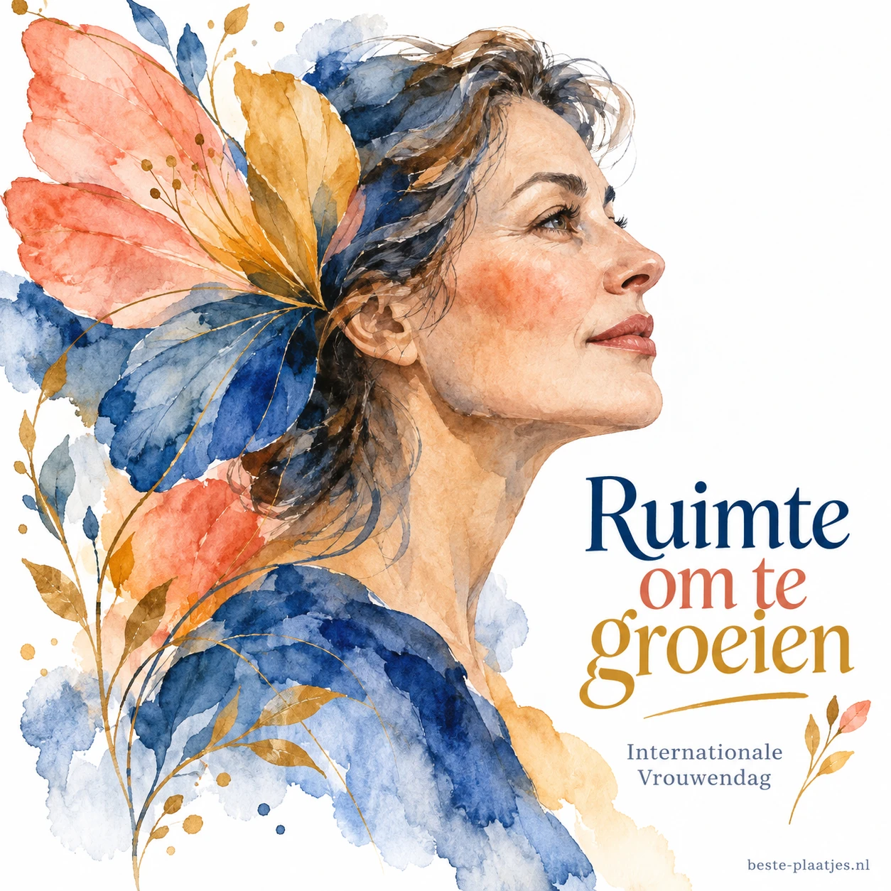 Een vrouw in aquarel kijkt vooruit tussen blauwe en warme bloemvormen.