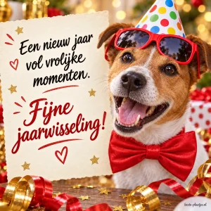 Een hond met een feesthoed en rode strik brengt een vrolijke jaarwisselingswens.