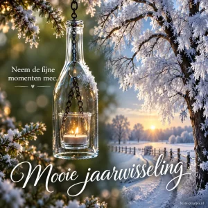 Een kaars in een glazen fles naast een besneeuwde boom brengt een rustige jaarwisselingsgroet.