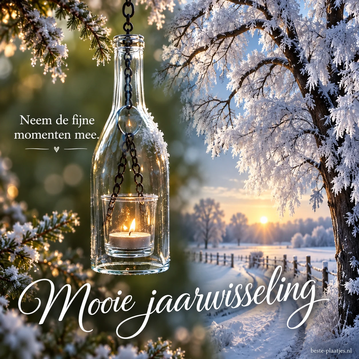 Een kaars in een glazen fles naast een besneeuwde boom brengt een rustige jaarwisselingsgroet.
