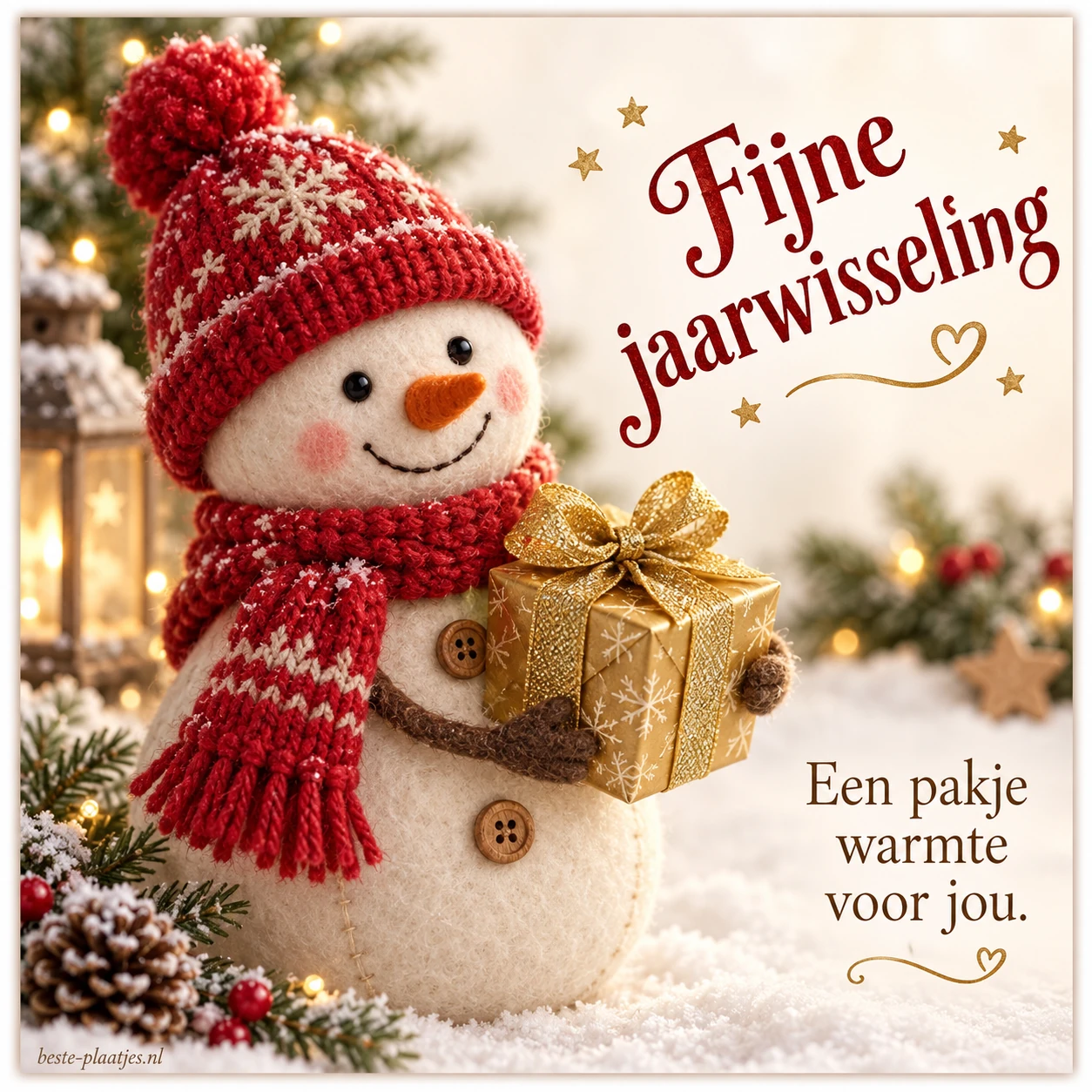 Een vilten sneeuwpop met een cadeautje brengt een warme jaarwisselingswens.