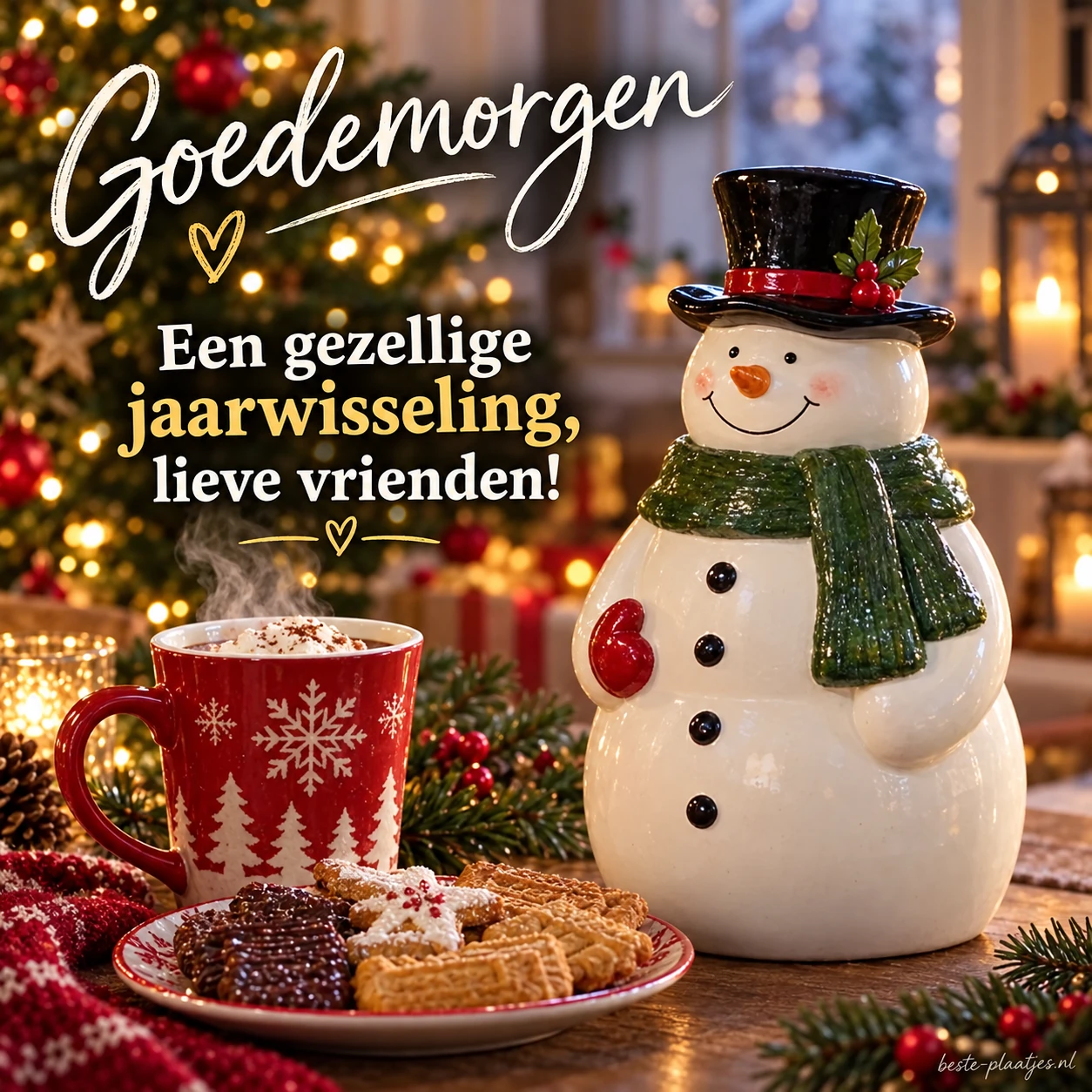 Een keramische sneeuwpop, een rode mok en koekjes brengen een gezellige ochtendgroet.