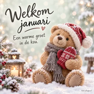 Een stoffen beertje met wintermuts en sjaal brengt een warme januarigroet.