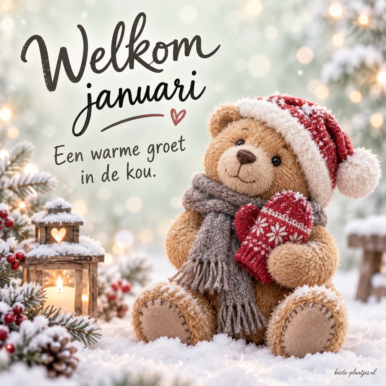 Een stoffen beertje met wintermuts en sjaal brengt een warme januarigroet.