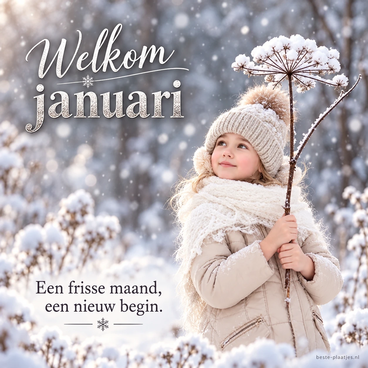 Een meisje met een besneeuwde tak verwelkomt januari in een winterbos.