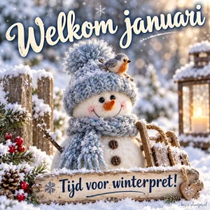 Een stoffen sneeuwpop met een wintermuts brengt een vrolijke januarigroet.
