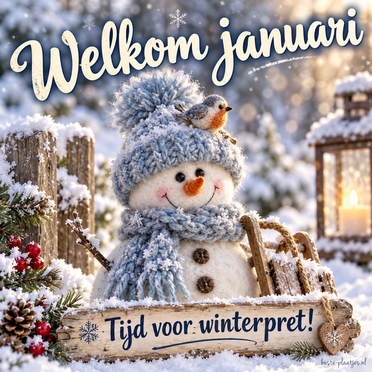Een stoffen sneeuwpop met een wintermuts brengt een vrolijke januarigroet.